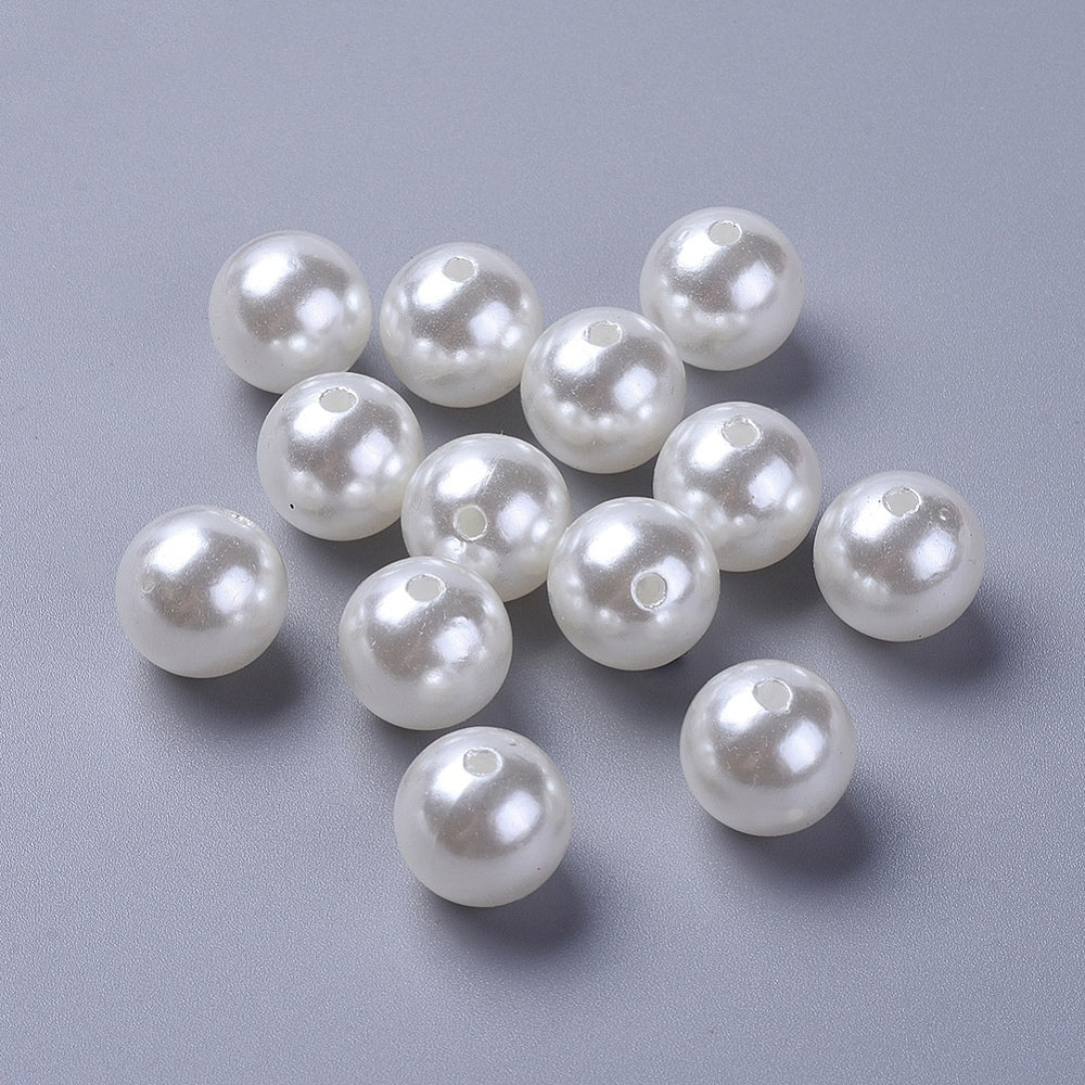 Pearl Beads, 8mm White, Round, Simulate pearl, 2mm hole, Pack of 100x, Plastic