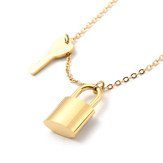 Padlock and Key Natural shell pendant Necklace, 18K Gold plated Stainless Steel
