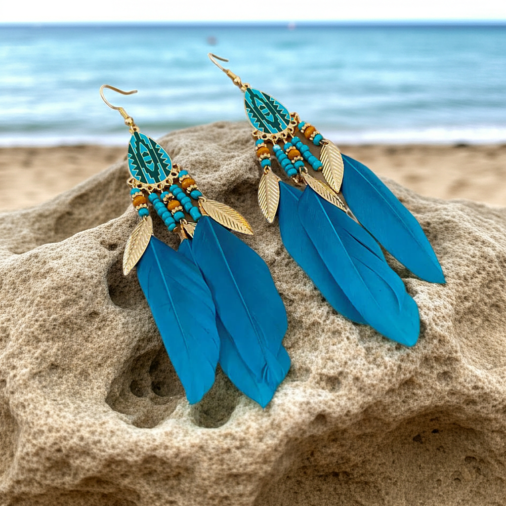 Boho Blue Feather and gold drop earrings