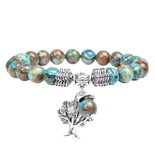 Natural Imperial Jasper Beaded Stretch Bracelet with Alloy Tree of Life Charm