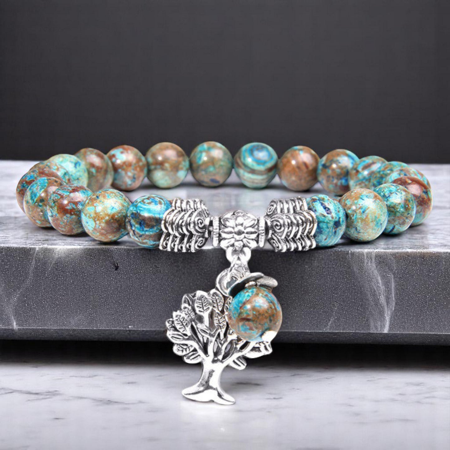 Natural Imperial Jasper Beaded Stretch Bracelet with Alloy Tree of Life Charm