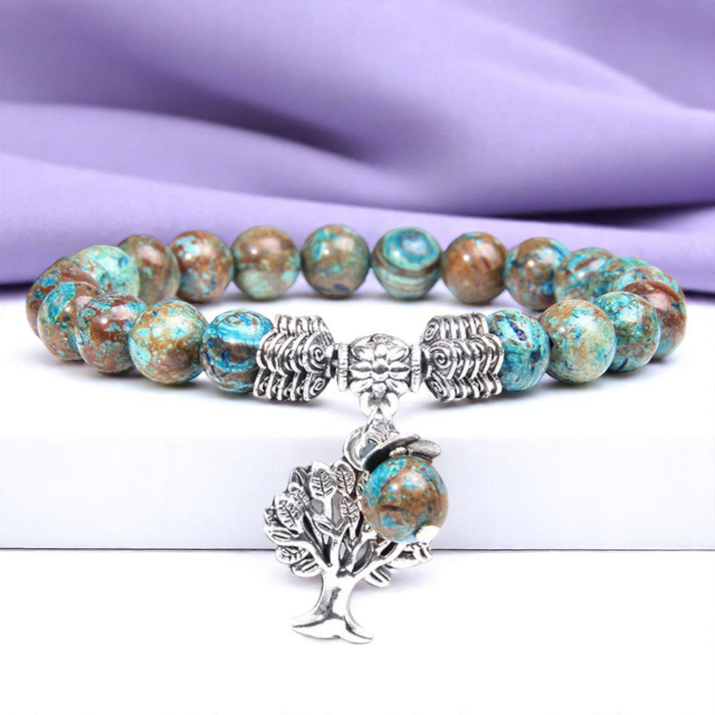 Natural Imperial Jasper Beaded Stretch Bracelet with Alloy Tree of Life Charm