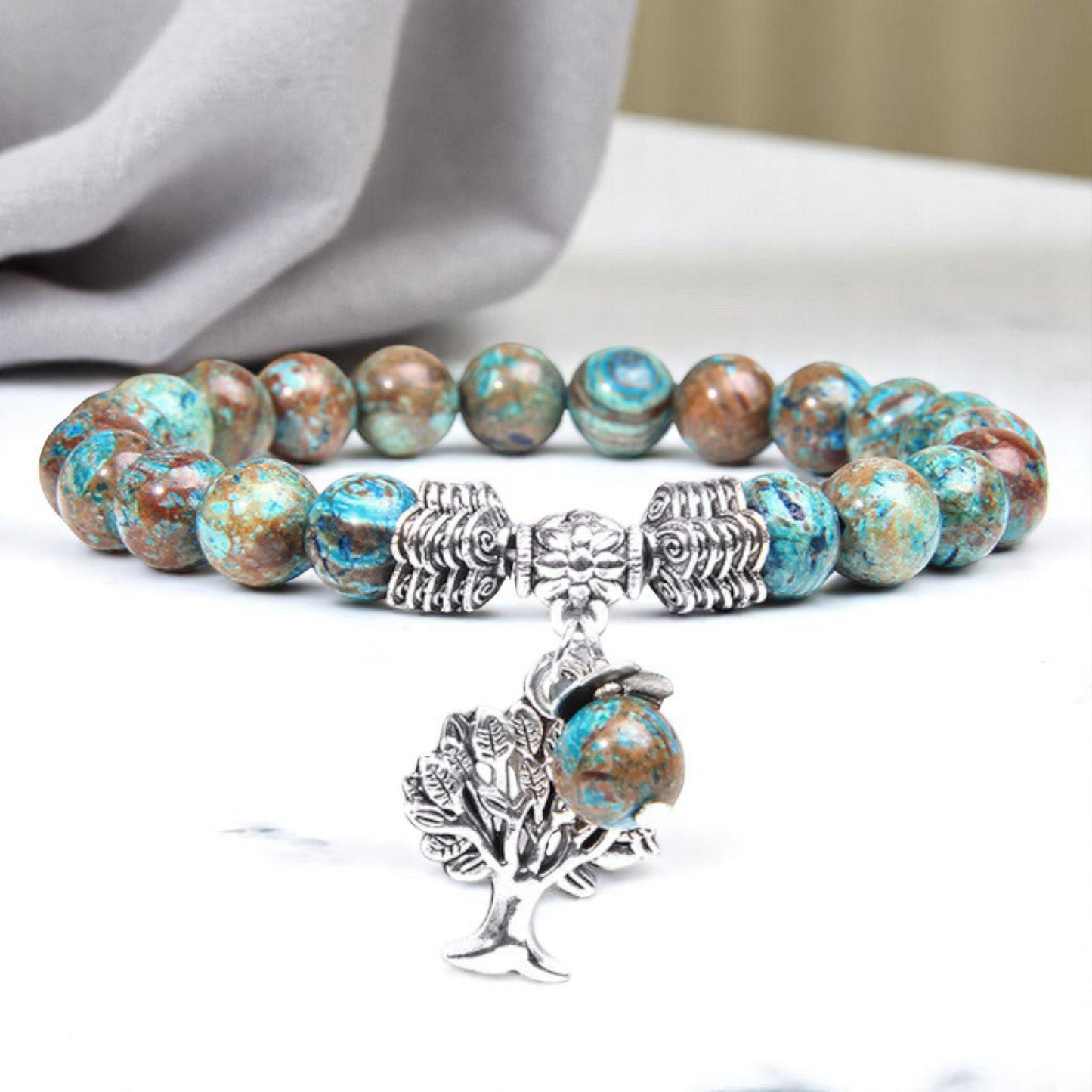 Natural Imperial Jasper Beaded Stretch Bracelet with Alloy Tree of Life Charm