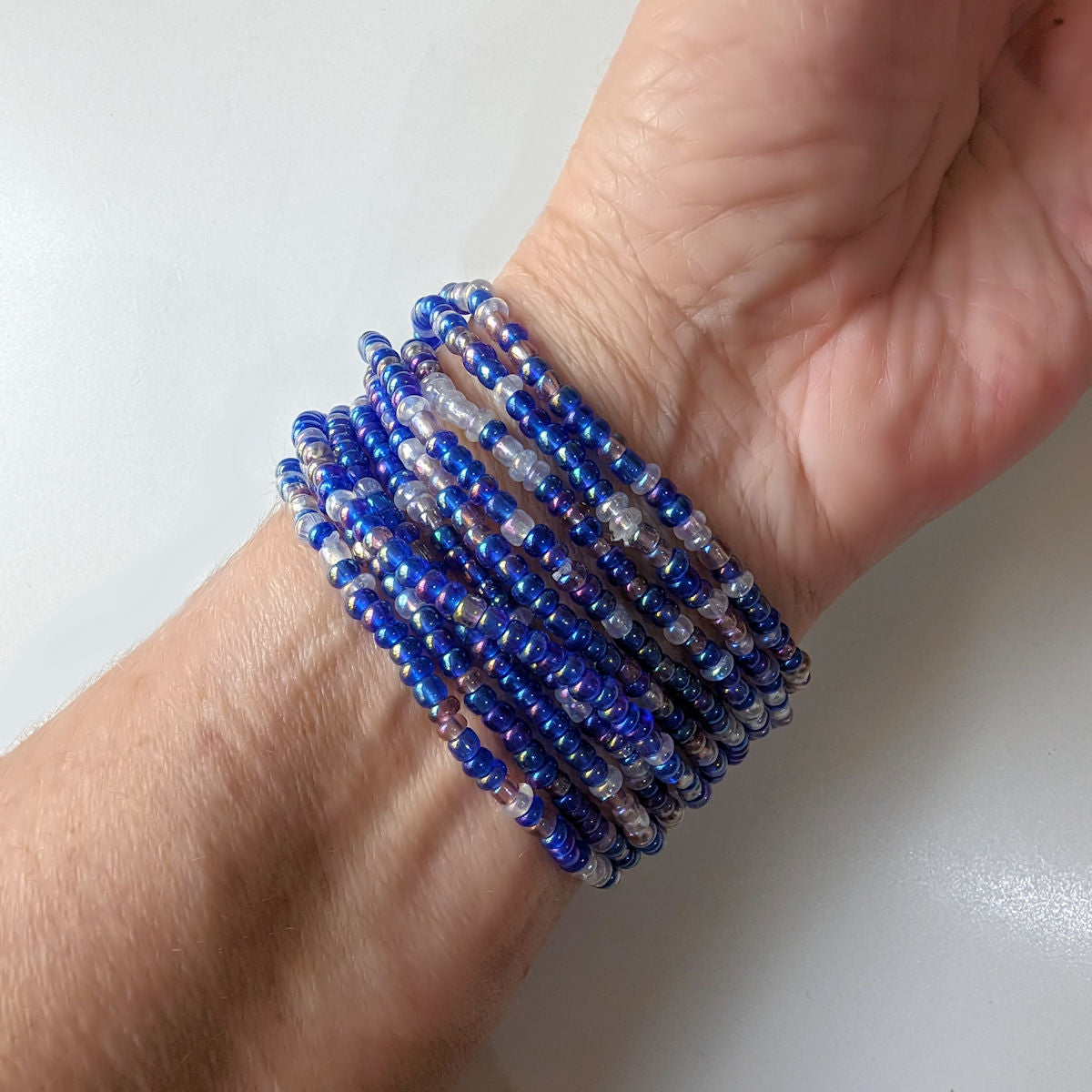 Blue Seed Bead Bracelets, Stretch, Multi Pack of 5 or 10, Blue glass beads, Ready to Wear Handmade Jewellery