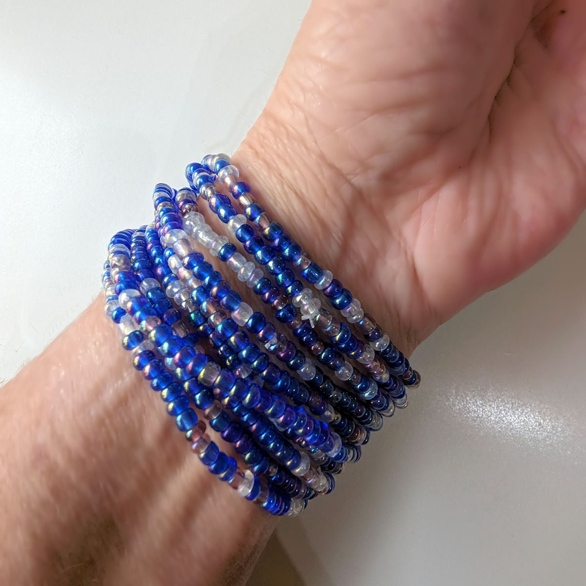 Blue Seed Bead Bracelets, Stretch, Multi Pack of 5 or 10, Blue glass beads, Ready to Wear Handmade Jewellery