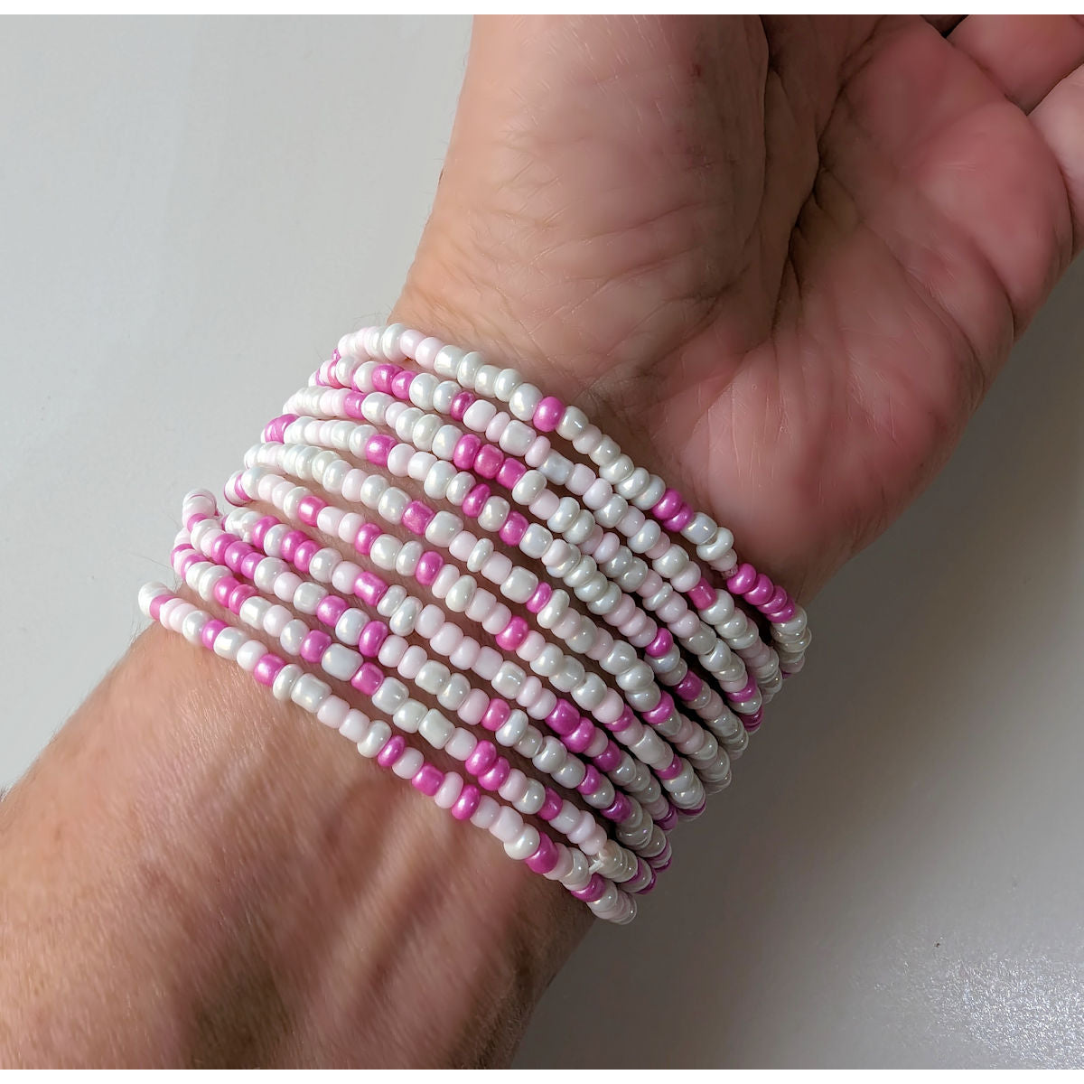 Pink & White Seed Bead Bracelets, Stretch, Multi Pack of 5 or 10, glass beads, Ready to Wear Handmade Jewellery