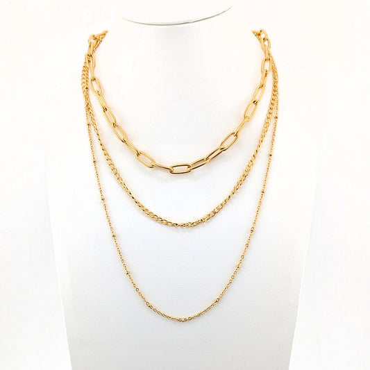 Multi Layered Necklace triple chain 18K Gold Plated Stainless Steel