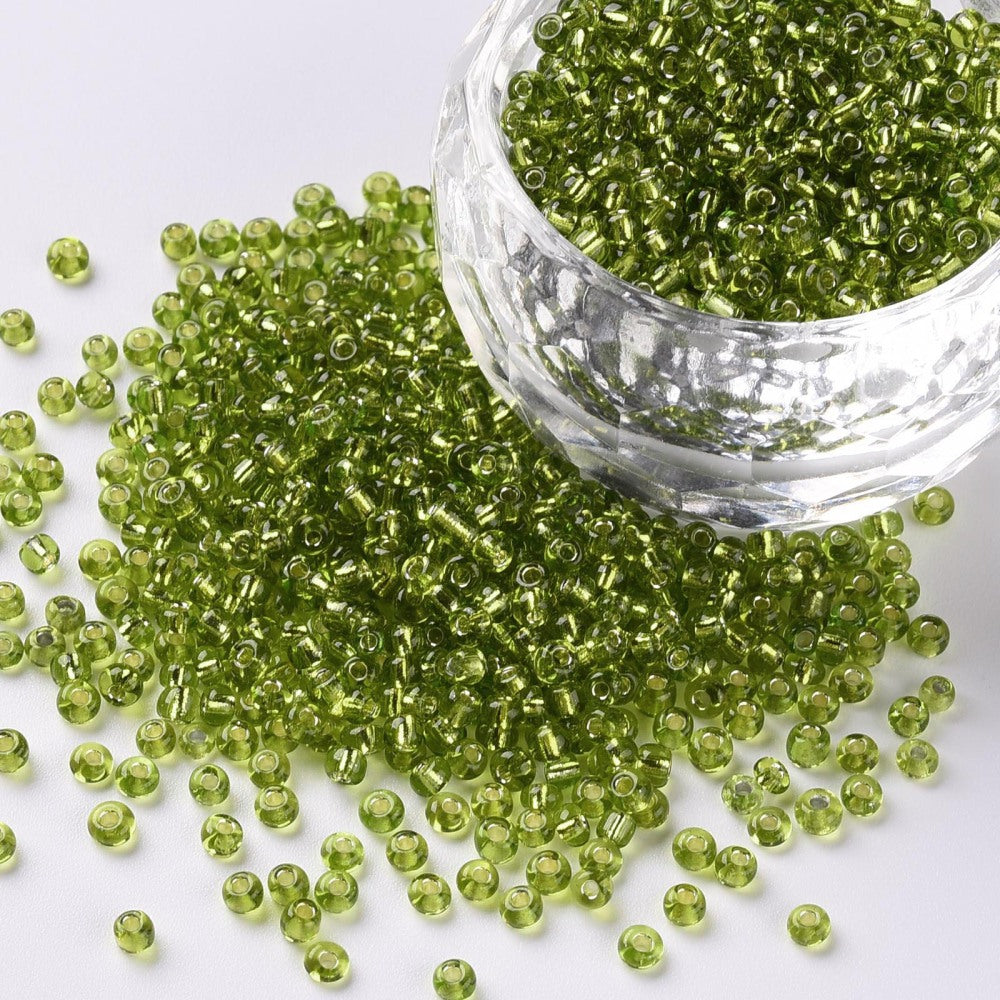 Lime Green Glass Seed Beads, Round, Silver Lined, 12/0 2mm, 1mm hole, 30gm approx 2000 beads