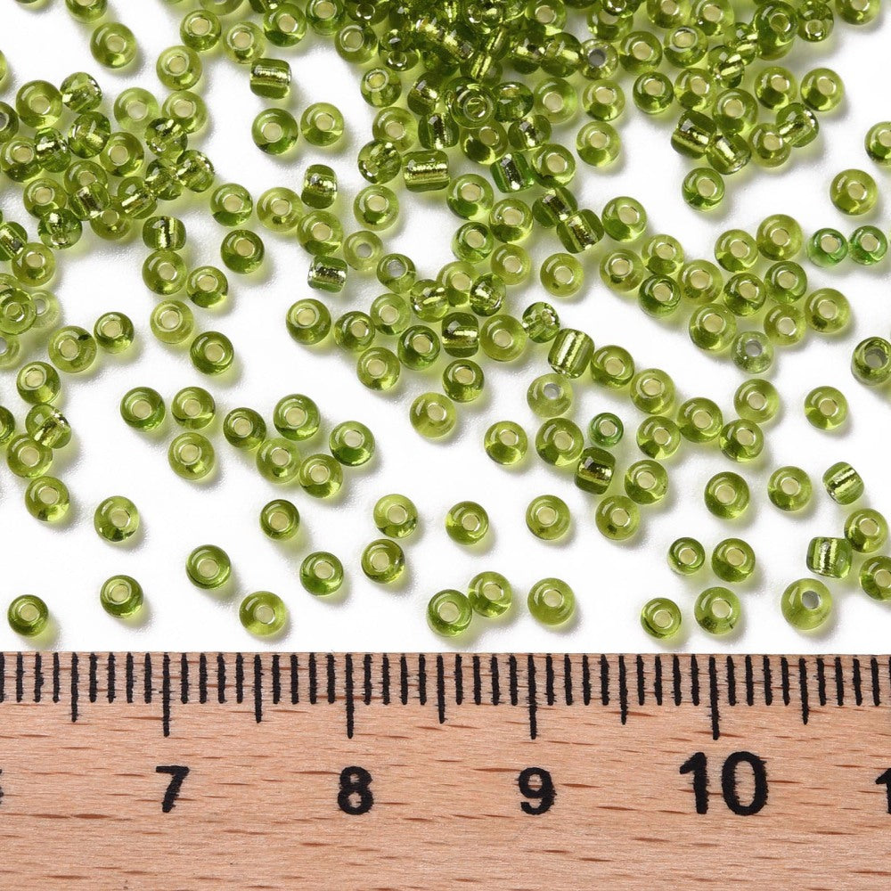 Lime Green Glass Seed Beads, Round, Silver Lined, 12/0 2mm, 1mm hole, 30gm approx 2000 beads