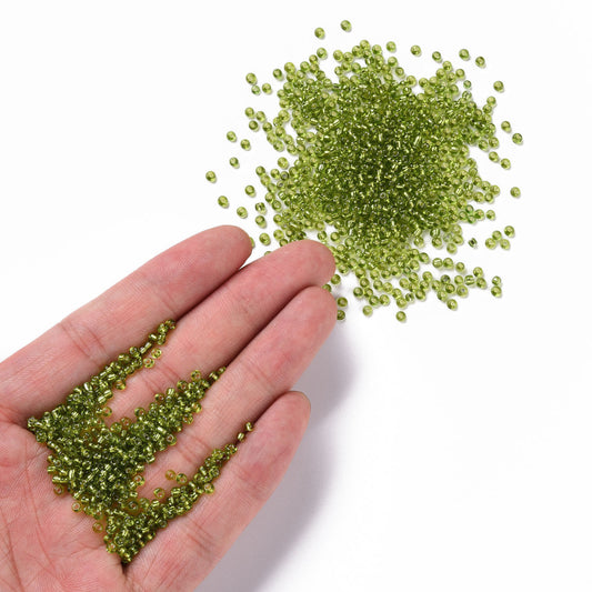 Lime Green Glass Seed Beads, Round, Silver Lined, 12/0 2mm, 1mm hole, 30gm approx 2000 beads
