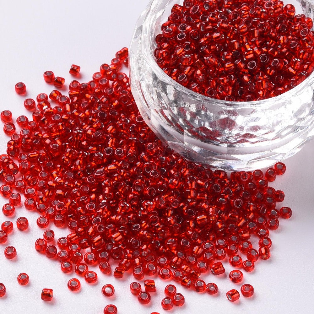 Red Glass Seed Beads, Round, Silver Lined, 12/0 2mm, 1mm hole, 30gm approx 2000 beads