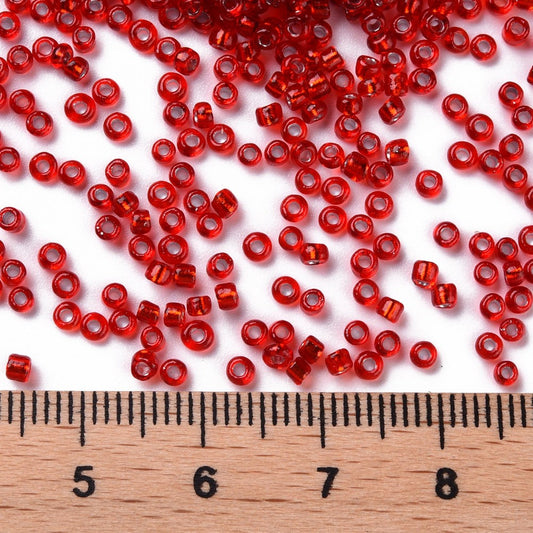 Red Glass Seed Beads, Round, Silver Lined, 12/0 2mm, 1mm hole, 30gm approx 2000 beads
