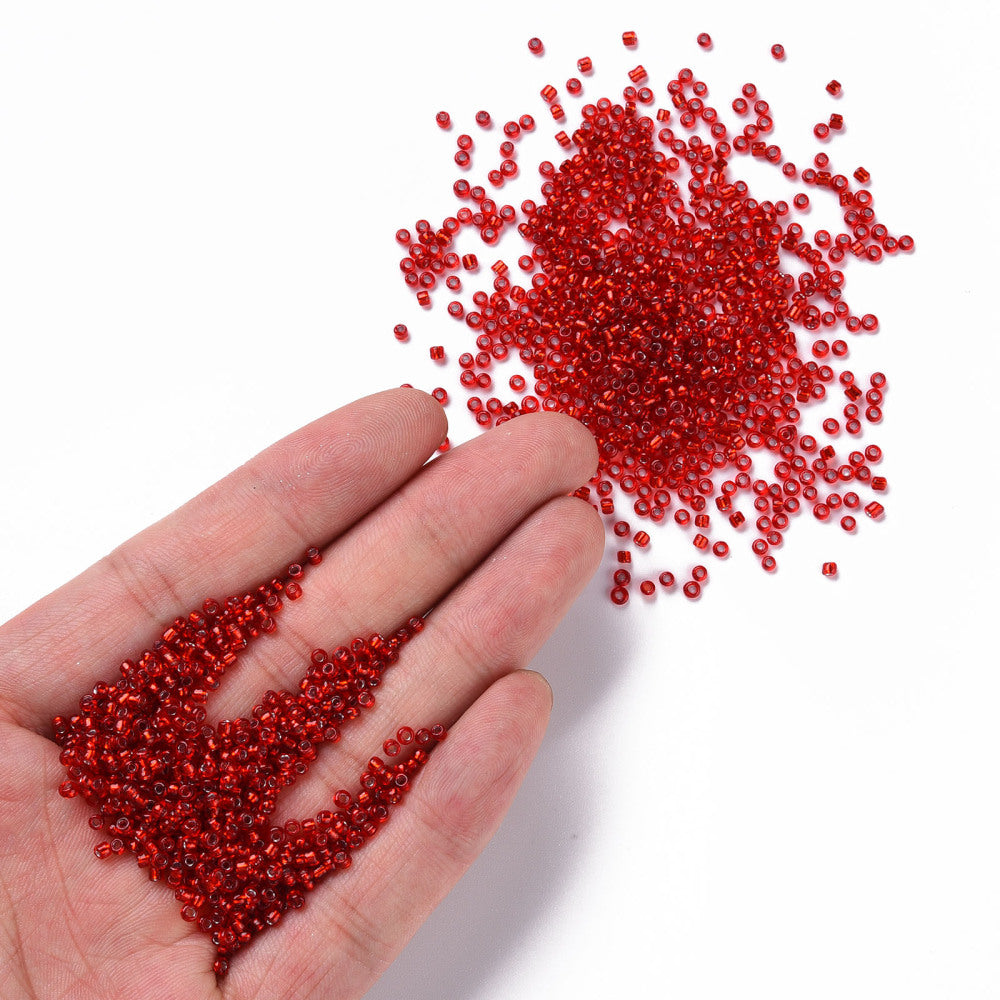 Red Glass Seed Beads, Round, Silver Lined, 12/0 2mm, 1mm hole, 30gm approx 2000 beads