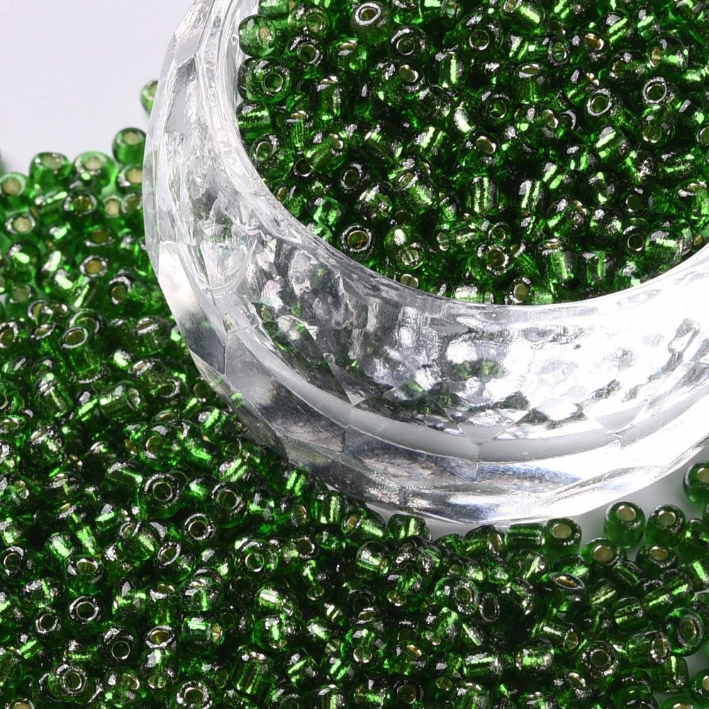 Lime Green Glass Seed Beads, Round, Silver Lined, 12/0 2mm, 1mm hole, 30gm approx 2000 beads