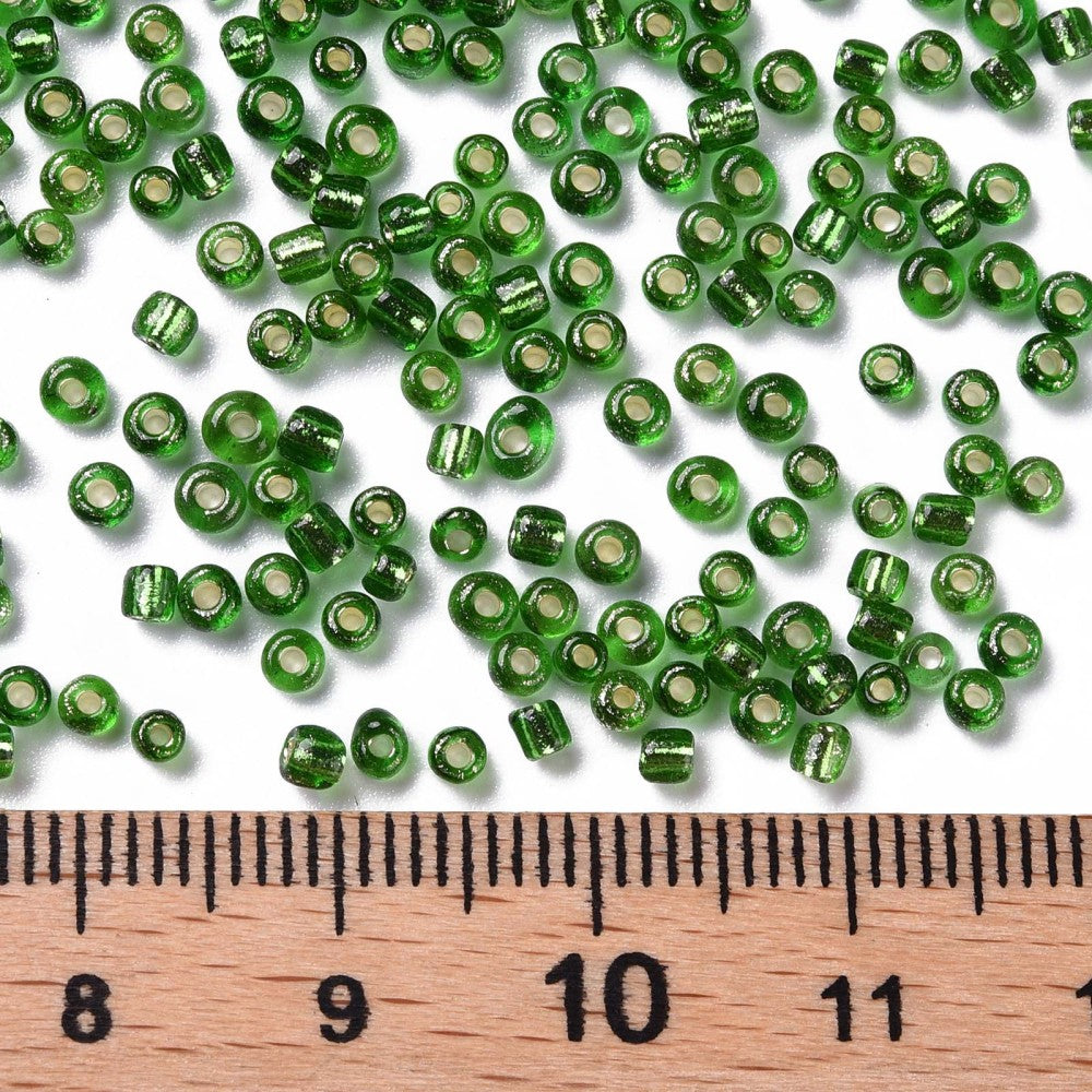 Lime Green Glass Seed Beads, Round, Silver Lined, 12/0 2mm, 1mm hole, 30gm approx 2000 beads