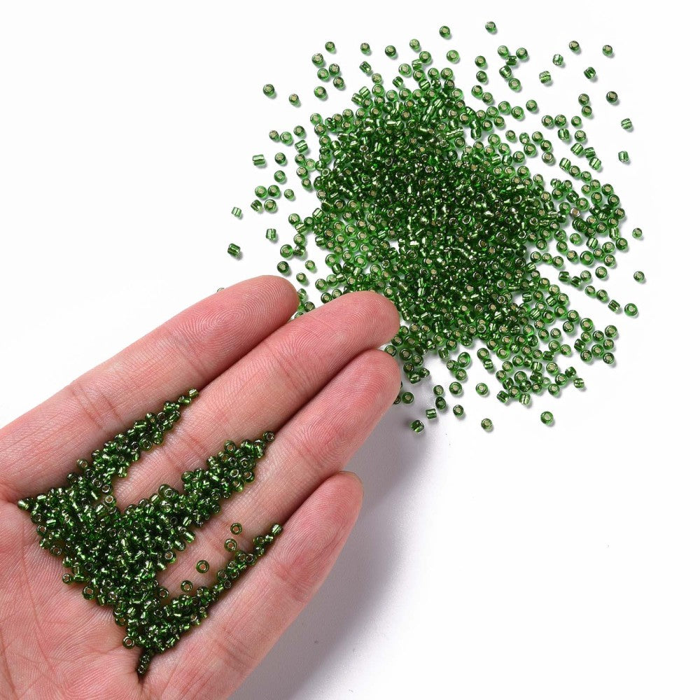 Lime Green Glass Seed Beads, Round, Silver Lined, 12/0 2mm, 1mm hole, 30gm approx 2000 beads