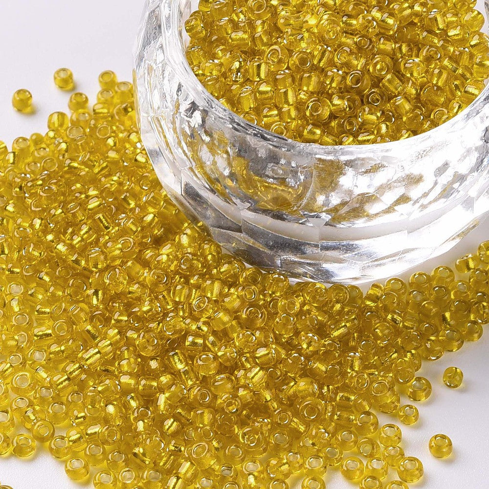 Yellow Glass Seed Beads, Round, Silver Lined, 12/0 2mm, 1mm hole, bag of 30gm approx 2000 beads