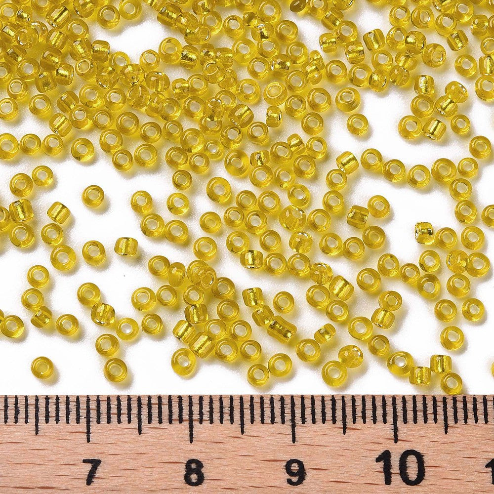 Yellow Glass Seed Beads, Round, Silver Lined, 12/0 2mm, 1mm hole, bag of 30gm approx 2000 beads