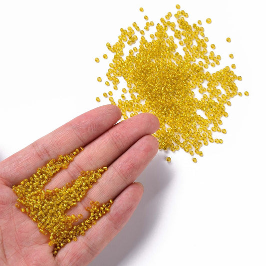 Yellow Glass Seed Beads, Round, Silver Lined, 12/0 2mm, 1mm hole, bag of 30gm approx 2000 beads
