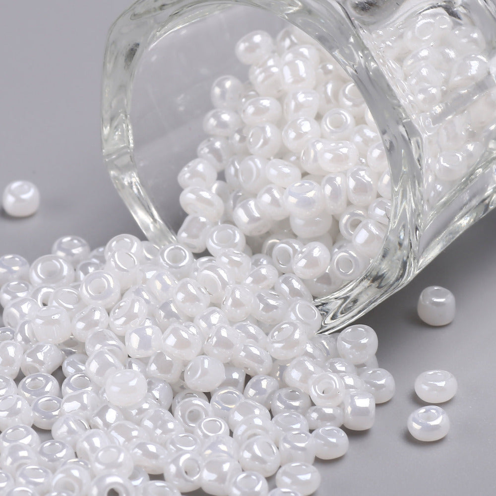 White Glass Seed Beads 3mm, Ceylon, hole 1mm, 40gm approx 1000 beads, pearl lustre finish