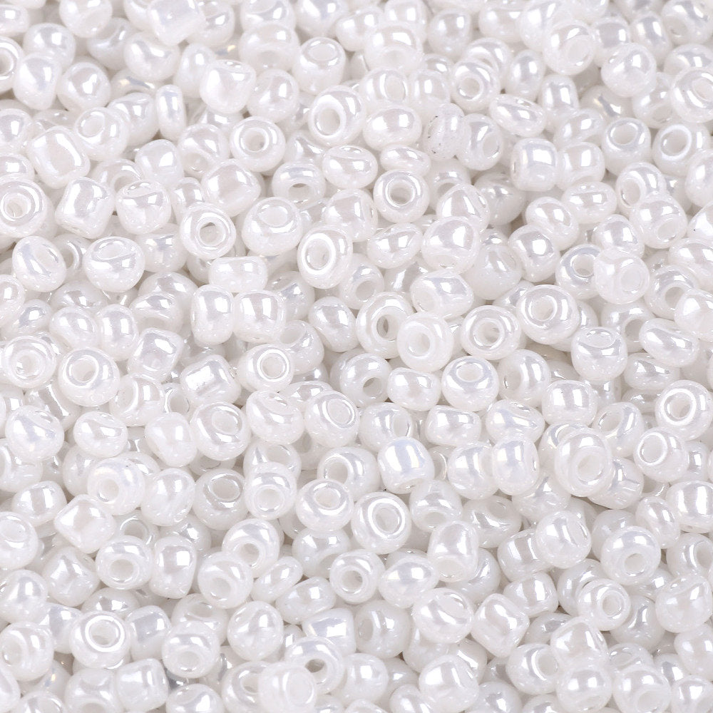White Glass Seed Beads 3mm, Ceylon, hole 1mm, 40gm approx 1000 beads, pearl lustre finish