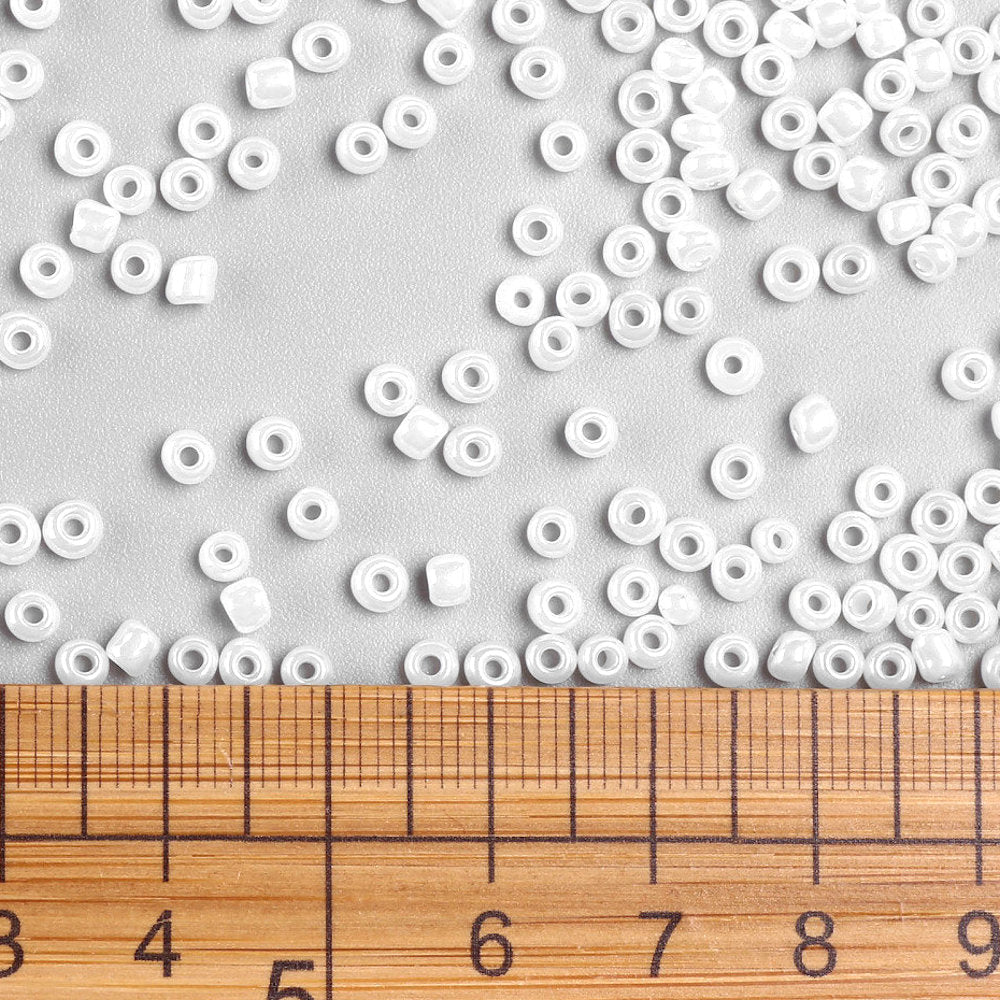 White Glass Seed Beads 3mm, Ceylon, hole 1mm, 40gm approx 1000 beads, pearl lustre finish