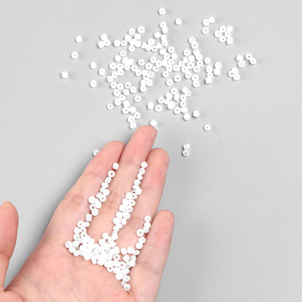 White Glass Seed Beads 3mm, Ceylon, hole 1mm, 40gm approx 1000 beads, pearl lustre finish