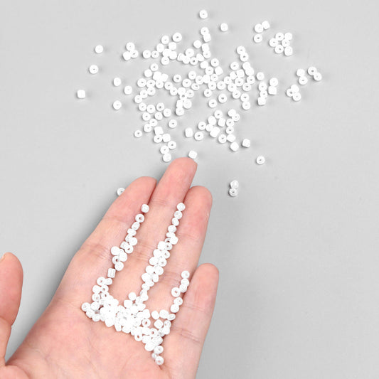 White Glass Seed Beads 3mm, Ceylon, hole 1mm, 40gm approx 1000 beads, pearl lustre finish