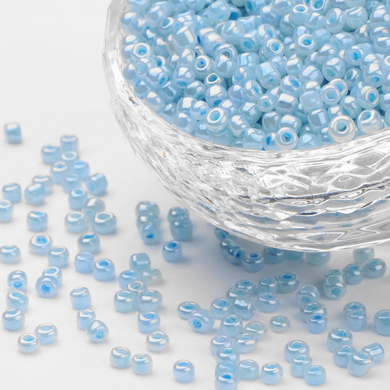 Blue Glass Seed Beads 3mm, Pale Turquoise Ceylon, hole 1mm, 40gm approx 1000 beads, pearl lustre finish