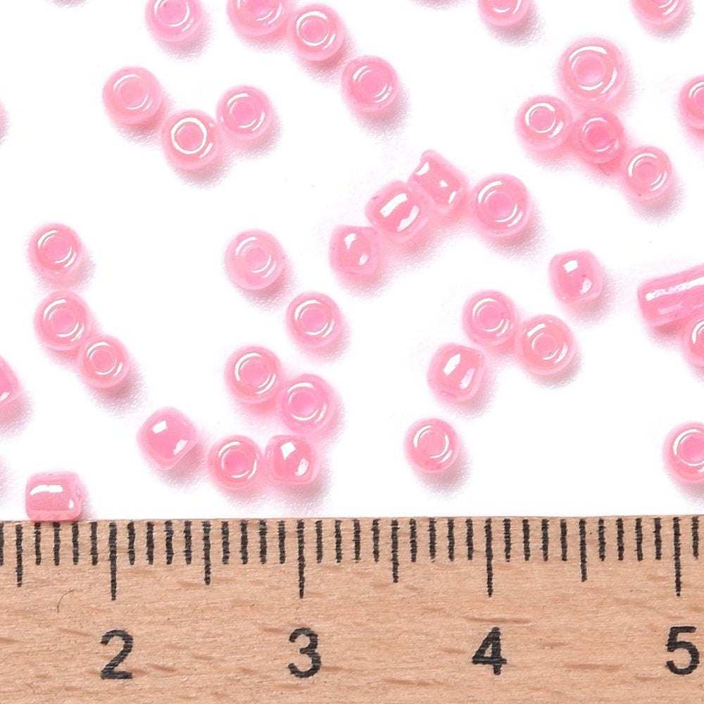 Pink Glass Seed Beads 3mm, Ceylon, hole 1mm, 40gm approx 1000 beads, pearl lustre finish