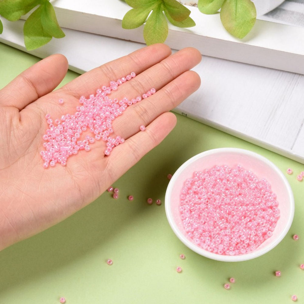 Pink Glass Seed Beads 3mm, Ceylon, hole 1mm, 40gm approx 1000 beads, pearl lustre finish