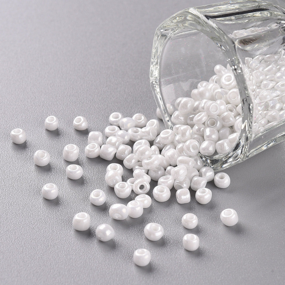 White Glass Seed Beads 3mm, Opaque Lustered, hole 1mm 40gm, approx 1000 beads