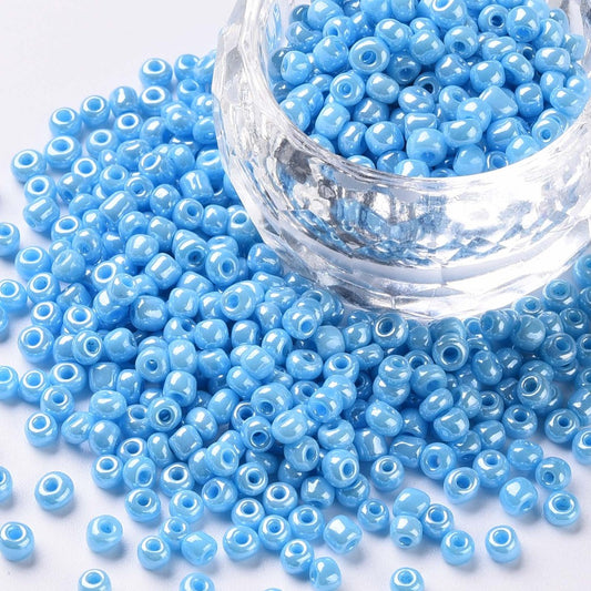 Blue Glass Seed Beads 3mm, Opaque Lustre, hole 1mm 40gm, approx 1000 beads, Light Cyan