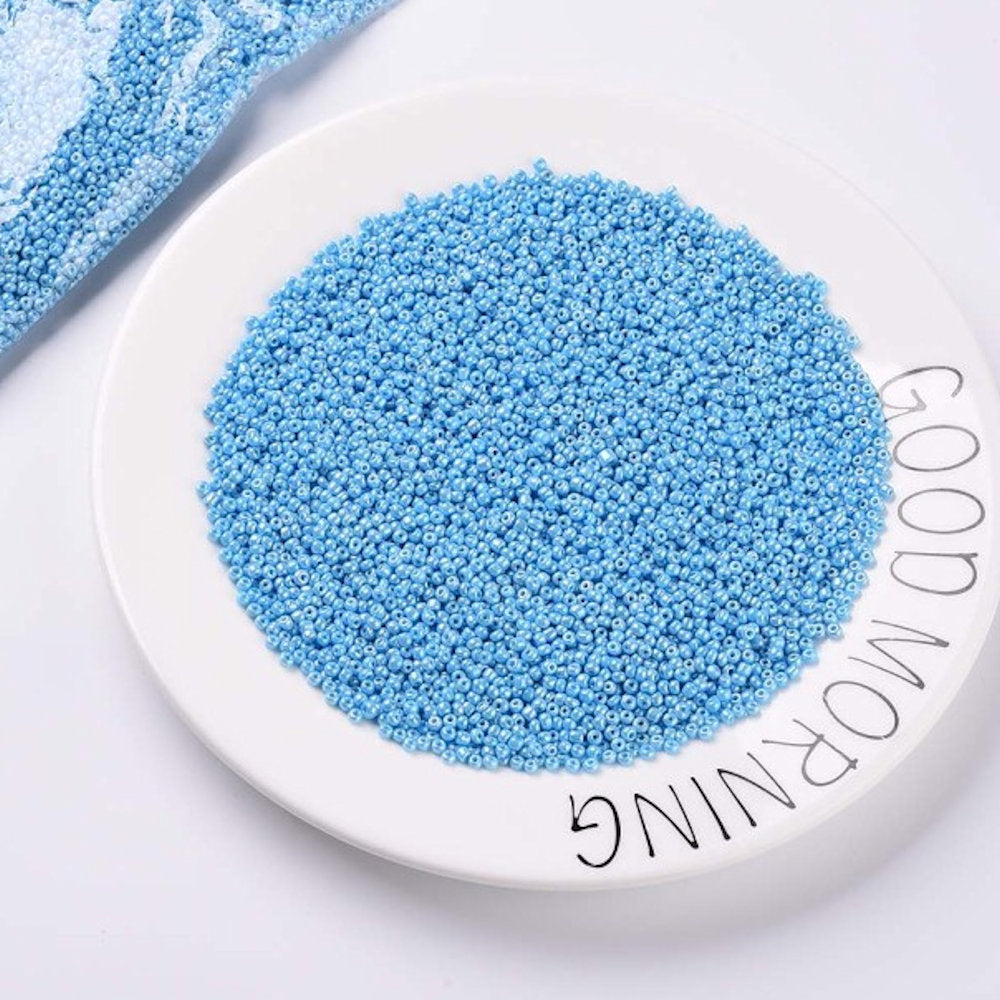 Blue Glass Seed Beads 3mm, Opaque Lustre, hole 1mm 40gm, approx 1000 beads, Light Cyan