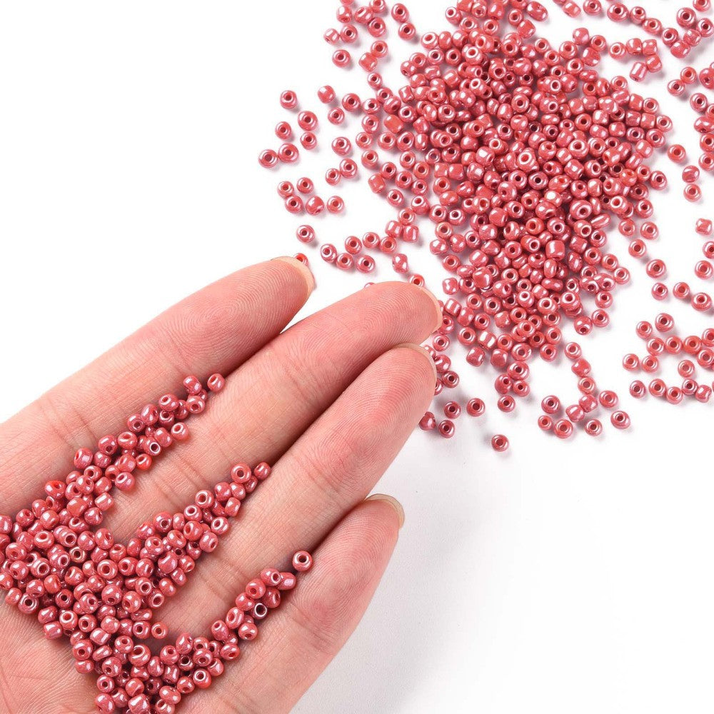 Red Glass Seed Beads 3mm, Opaque Lustre, hole 1mm 40gm, approx 1000 beads