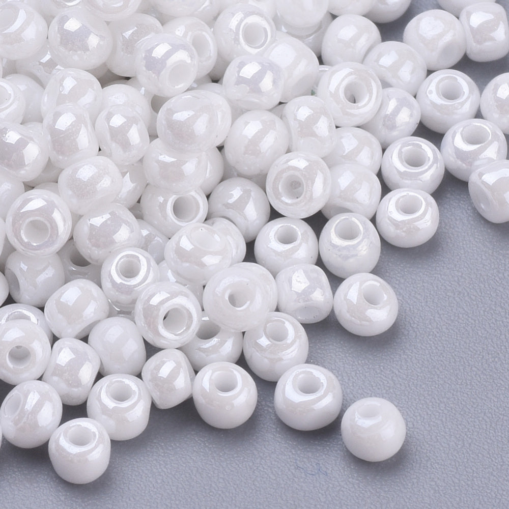 White Glass Seed Beads 3mm, hole 1mm, 30gm approx 650 beads, pearl lustre finish