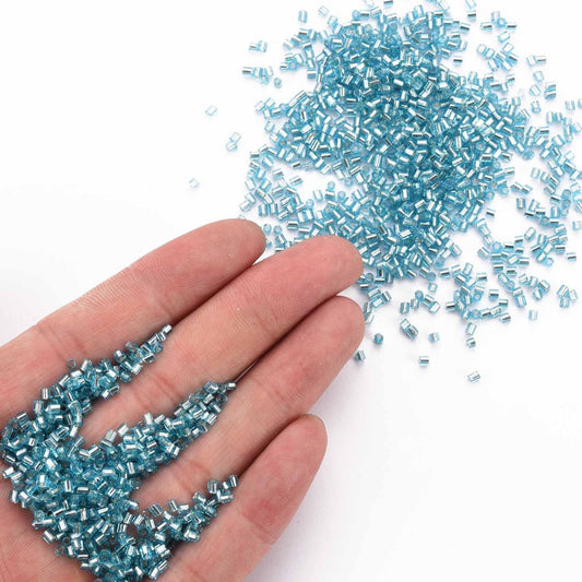 Sky Blue Glass Bugle Beads, Transparent, Silver Lined, 1.8~2.2x1.8~2mm, Hole: 0.8~0.9mm, 30gm