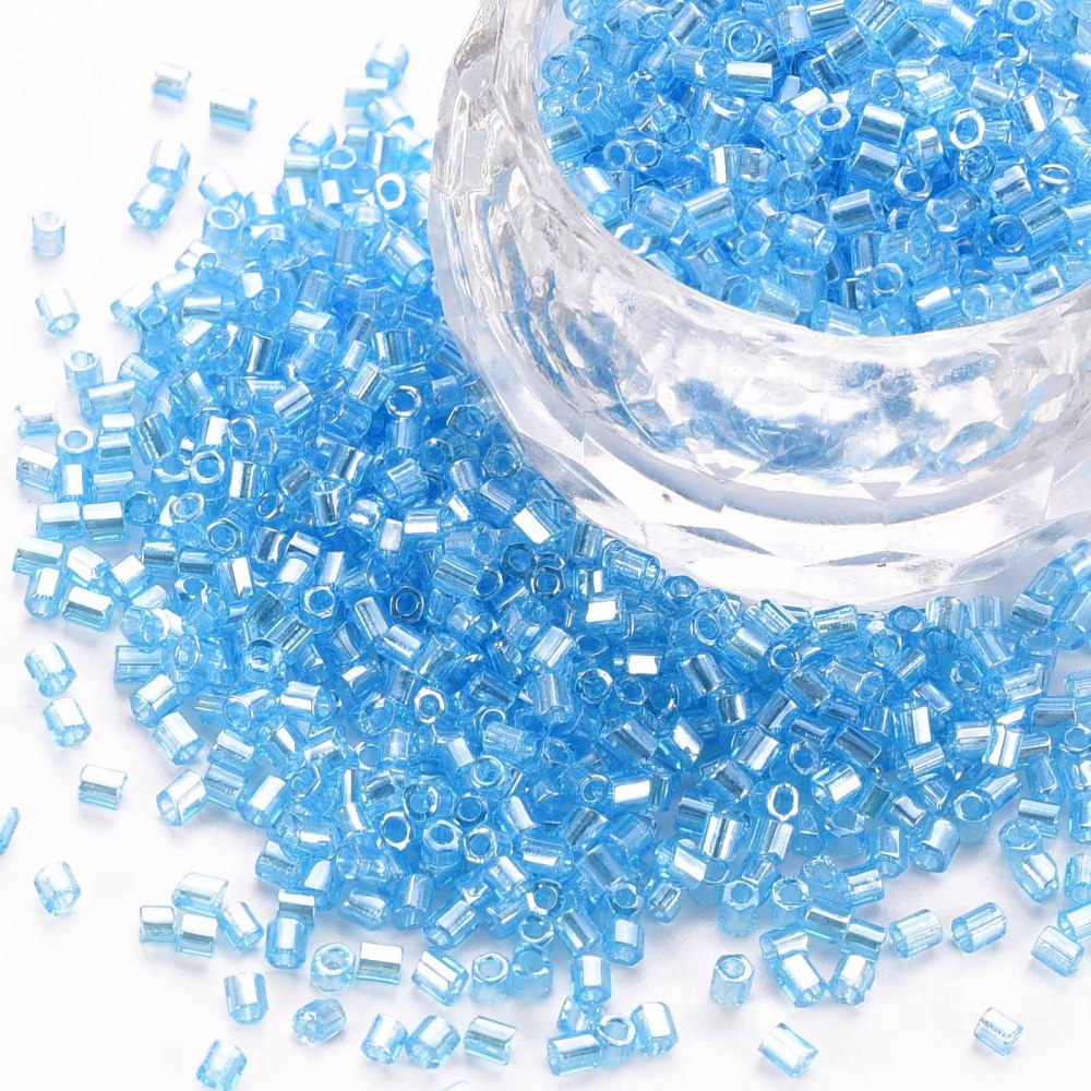 Sky Blue Glass Bugle Beads, Transparent Lustre, 2.5-3mm long, 1mm hole, 30gm approx 1000 beads