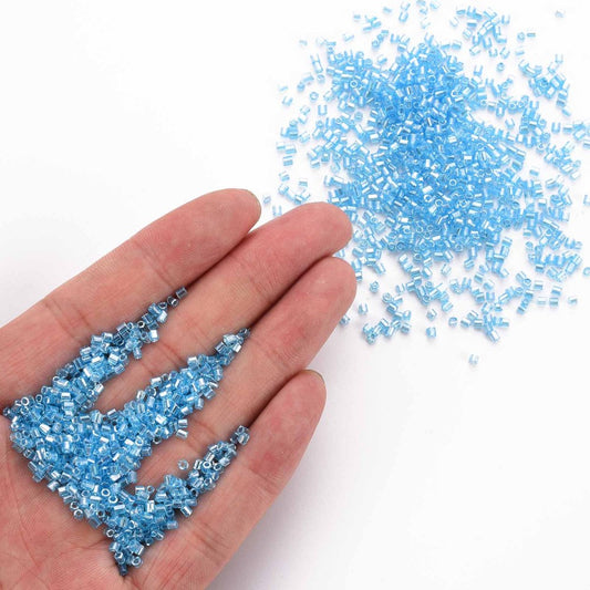 Sky Blue Glass Bugle Beads, Transparent Lustre, 2.5-3mm long, 1mm hole, 30gm approx 1000 beads