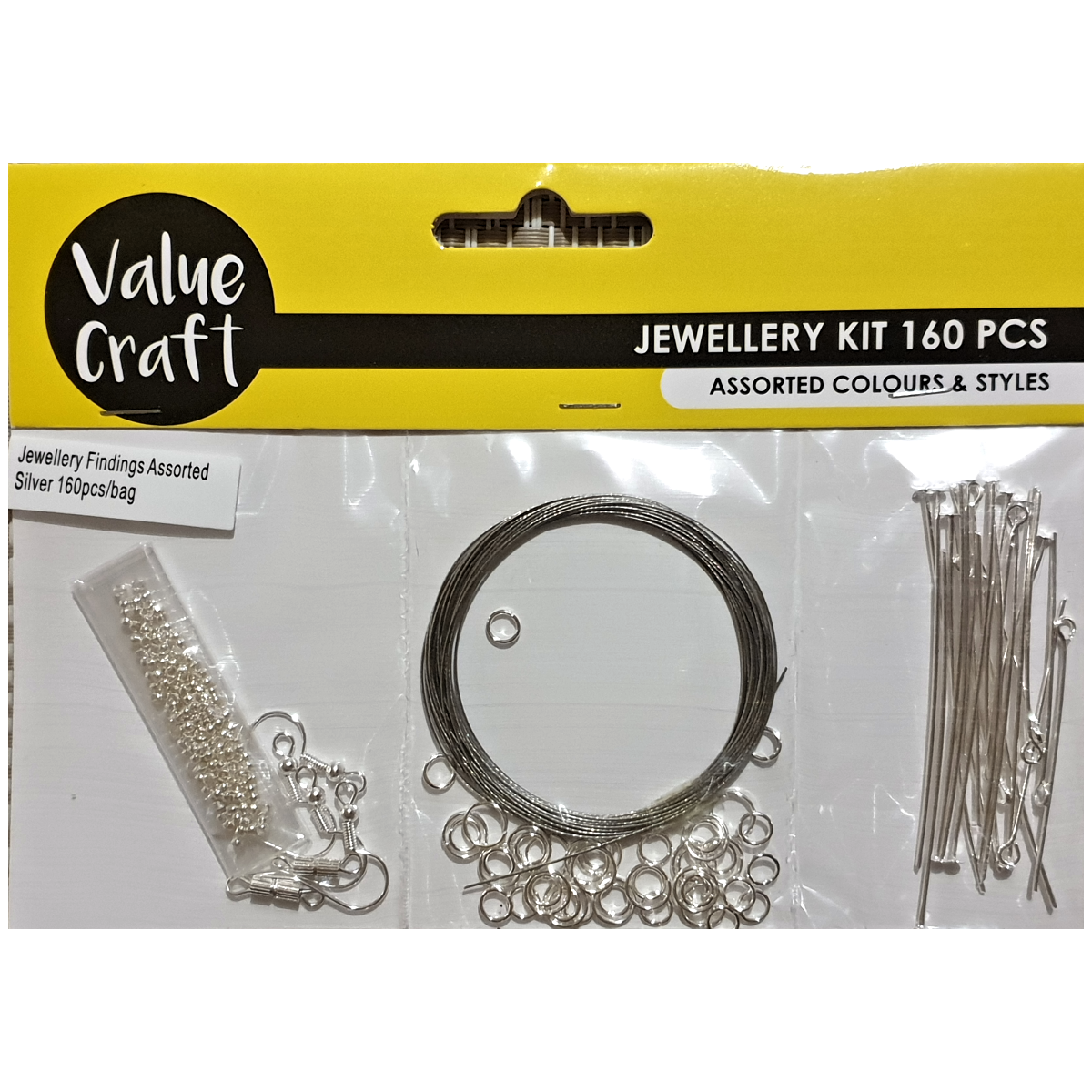 Jewellery Making Starter Set, 160 pieces, Silver colour, Includes Findings, Hooks, Eye & Head Pins, Tiger Tail, Jump Rings and Crimps