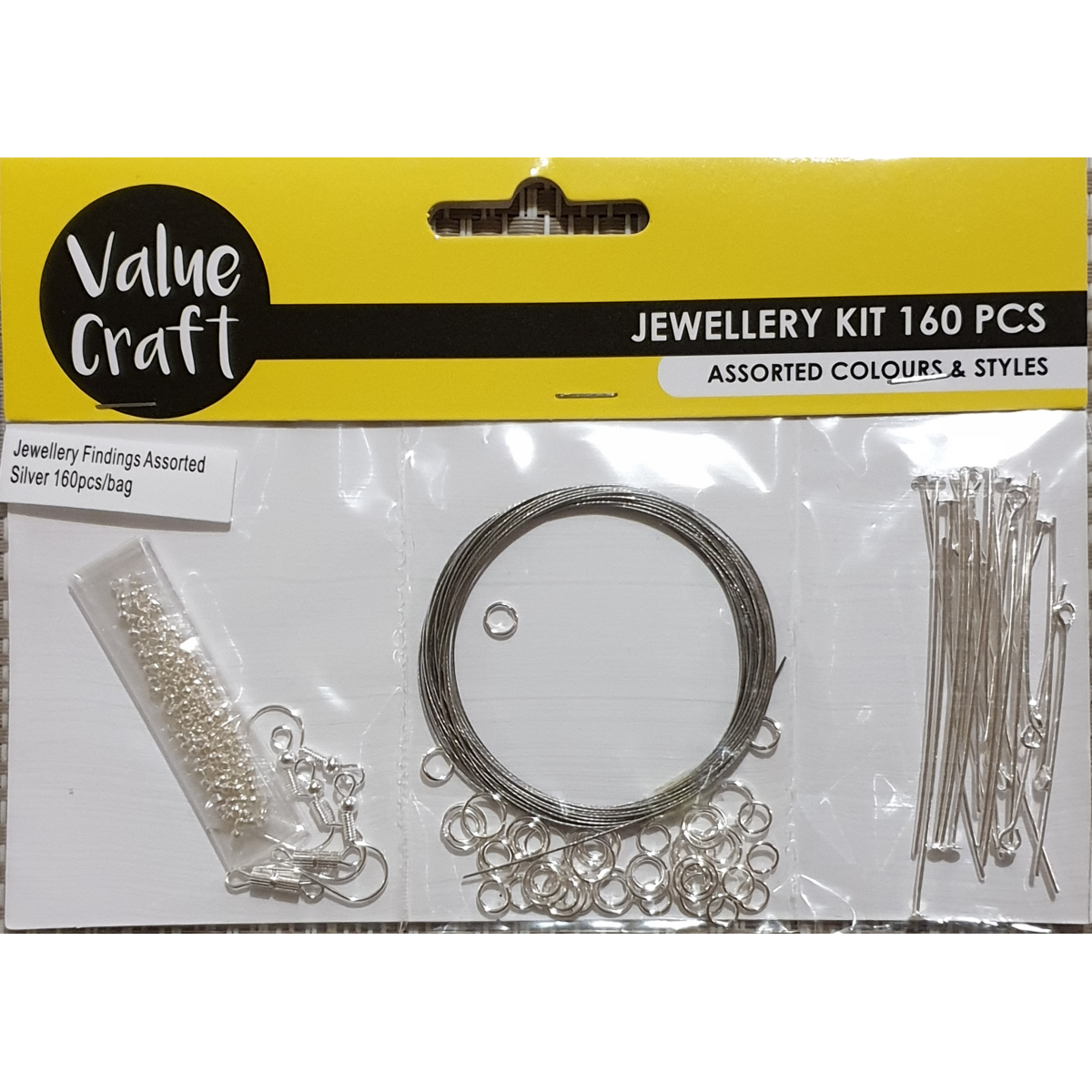 Jewellery Making Starter Set, 160 pieces, Silver colour, Includes Findings, Hooks, Eye & Head Pins, Tiger Tail, Jump Rings and Crimps