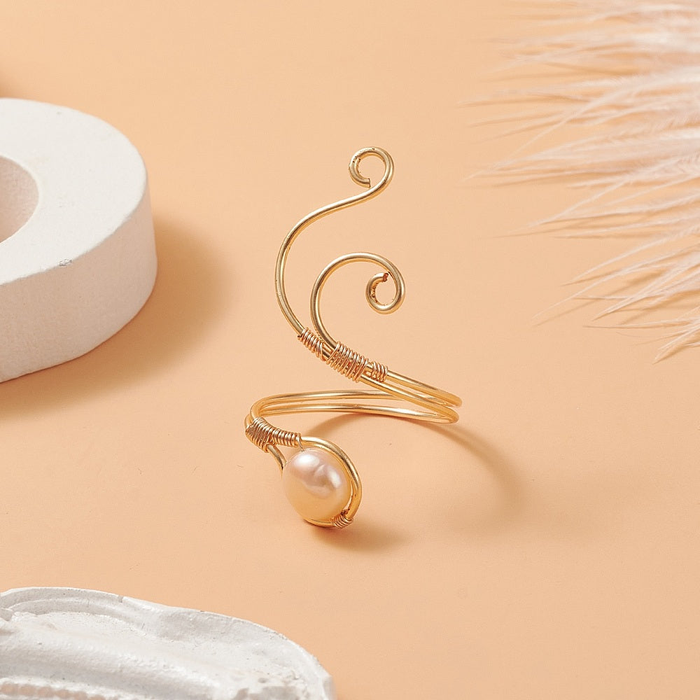 Freshwater Pearl Cuff Ring, hand wrapped gold colour copper wire