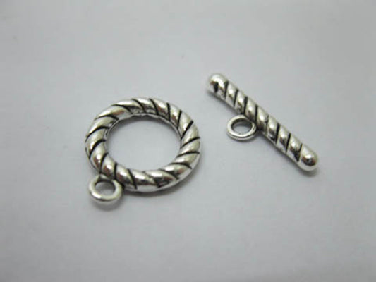 Toggle Clasps, Silver colour, Metal Twist, Ring Approx 15mm dia x 2.7mm thick, Bar 22mm long, pack of 10x sets
