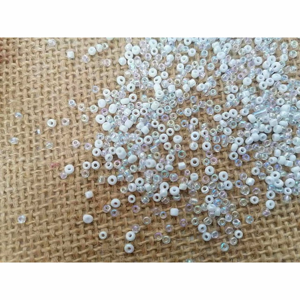 White and Iridescent Glass Seed Beads mix, Round , 2-3mm with .7mm hole, 25g Jewellery Making, Beading