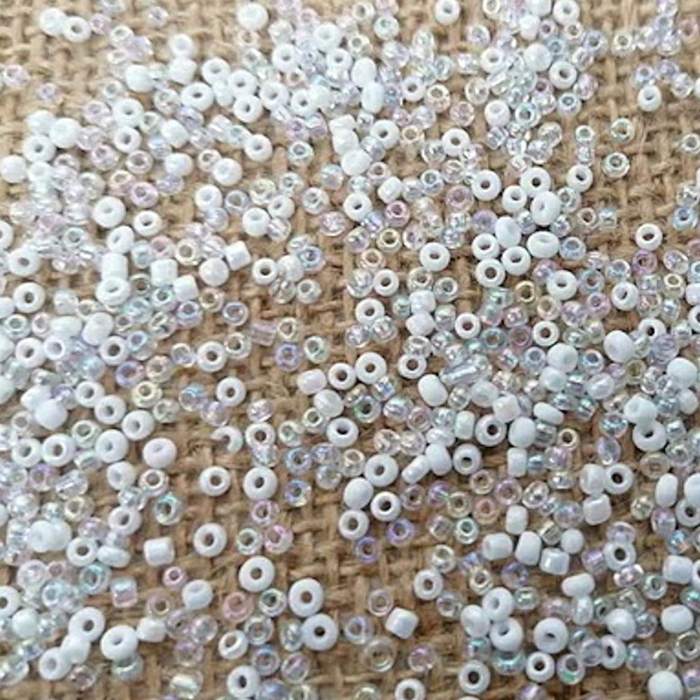 White and Iridescent Glass Seed Beads mix, Round , 2-3mm with .7mm hole, 25g Jewellery Making, Beading
