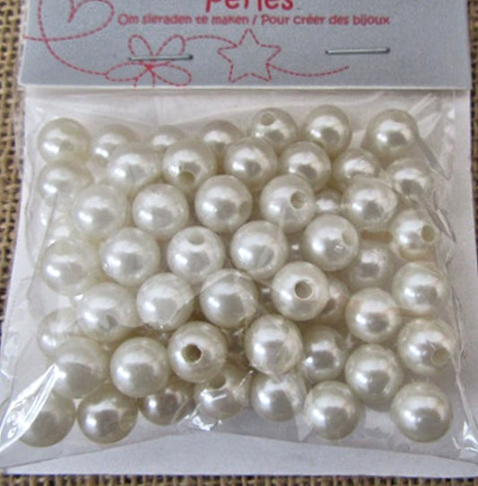 Pearl Beads, 10mm White, Round, Simulate pearl, 2mm hole Pack of 60x Plastic