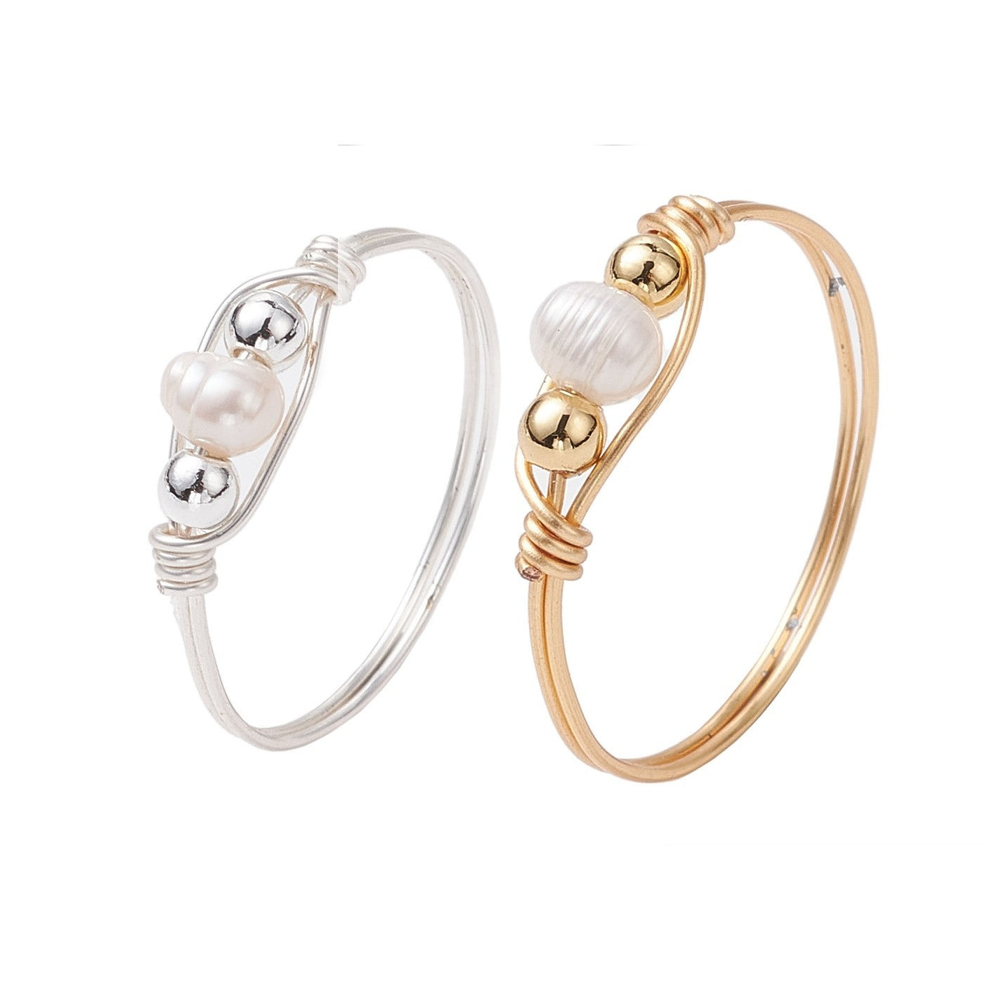 Cultured Freshwater Pearl Stack Ring, hand wrapped gold or silver colour copper wire