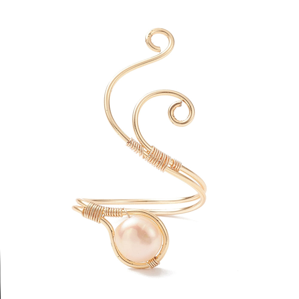 Freshwater Pearl Cuff Ring, hand wrapped gold colour copper wire