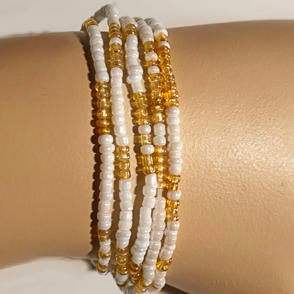 Seed Bead Bracelets, Stretch, Multi Pack of 5 or 10, White and Gold, Ready to Wear, Handmade jewellery