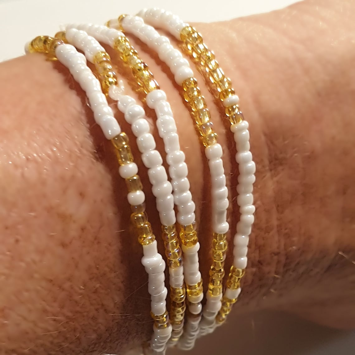 Seed Bead Bracelets, Stretch, Multi Pack of 5 or 10, White and Gold, Ready to Wear, Handmade jewellery